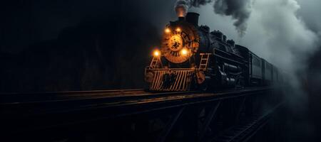 ai generato vecchio locomotiva si precipita attraverso il notte generativo ai foto