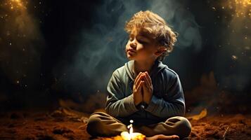 ai generato ragazzo preghiere contro il cielo generativo ai foto