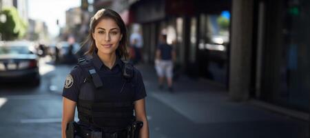 ai generato femmina polizia ufficiali su un' città strada generativo ai foto