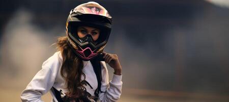 ai generato ragazza nel un' motociclo casco generativo ai foto