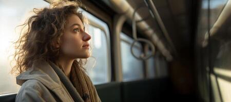 ai generato ragazza su il treno guardare su il finestra generativo ai foto