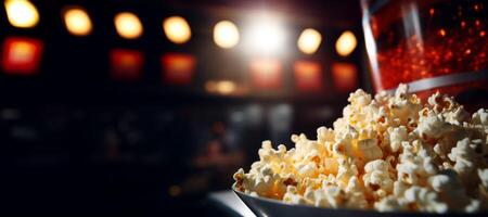 ai generato Popcorn contro il fondale di cinema luci generativo ai foto