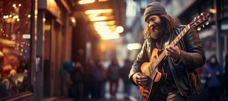 ai generato strada musicista giocando chitarra generativo ai foto