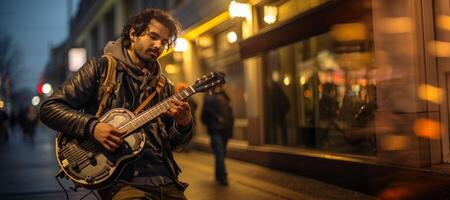 ai generato strada musicista giocando chitarra generativo ai foto