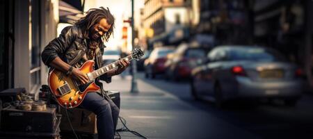 ai generato strada musicista giocando chitarra generativo ai foto