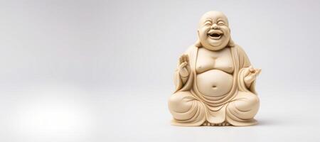 ai generato figurina di un' ridendo Budda su un' bianca sfondo generativo ai foto