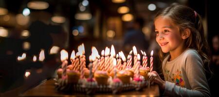 ai generato ragazze bambino soffiaggio su compleanno candele generativo ai foto