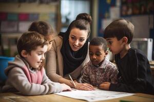 ai generato insegnante lavori con multietnico bambini generativo ai foto