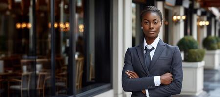 ai generato africano americano donna d'affari su un' città strada generativo ai foto