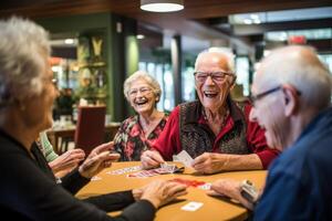 ai generato anziano persone avere divertimento nel un' assistenza infermieristica casa gruppo giocare generativo ai foto