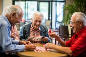 ai generato anziano persone avere divertimento nel un' assistenza infermieristica casa gruppo giocare generativo ai foto