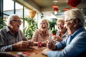 ai generato anziano persone avere divertimento nel un' assistenza infermieristica casa gruppo giocare generativo ai foto