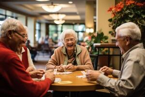 ai generato anziano persone avere divertimento nel un' assistenza infermieristica casa gruppo giocare generativo ai foto