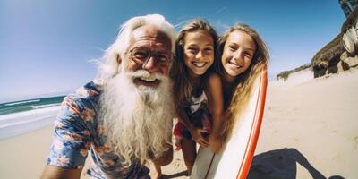 ai generato anziano surfer su il spiaggia generativo ai foto