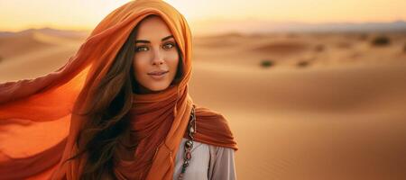 ai generato ragazza a piedi nel il deserto generativo ai foto