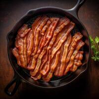 ai generato fritte Bacon nel un' frittura padella generativo ai foto