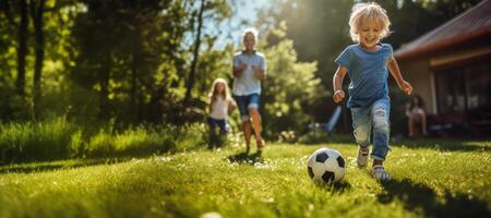 ai generato bambino giocando calcio nel il Giardino dietro la casa generativo ai foto