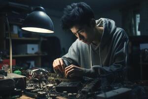 ai generato giovane uomo riparazione un elettronico dispositivo generativo ai foto