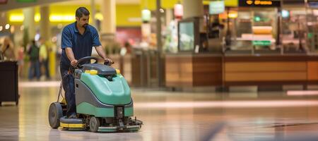 ai generato un' addetto alle pulizie cavalcate un' pavimento pulizia macchina nel un' shopping centro generativo ai foto