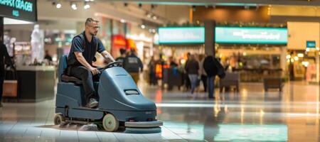 ai generato un' addetto alle pulizie cavalcate un' pavimento pulizia macchina nel un' shopping centro generativo ai foto