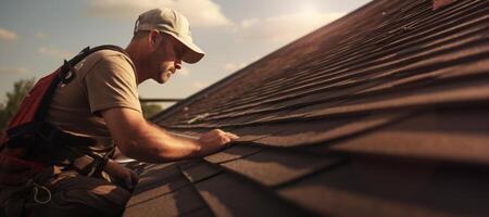 ai generato roofer Lavorando su il tetto generativo ai foto