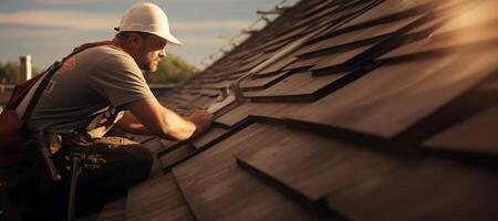 ai generato roofer Lavorando su il tetto generativo ai foto