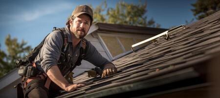 ai generato roofer Lavorando su il tetto generativo ai foto