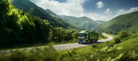 ai generato verde camion guida lungo il strada contro il fondale di montagne verde energia generativo ai foto