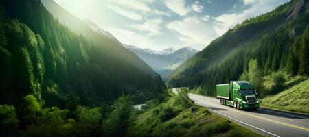 ai generato verde camion guida lungo il strada contro il fondale di montagne verde energia generativo ai foto