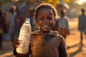 ai generato contento africano bambino Tenere un' bottiglia di pulito acqua generativo ai foto