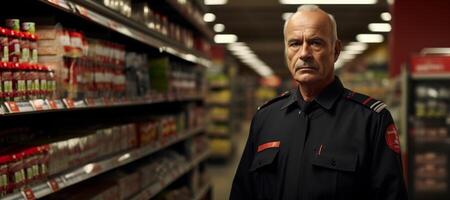 ai generato ritratto di un' maschio sicurezza guardia a un' supermercato generativo ai foto