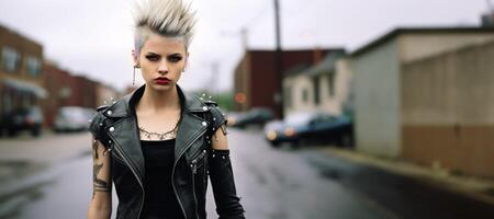 ai generato ritratto di un' freddo punk ragazza nel il grande città generativo ai foto