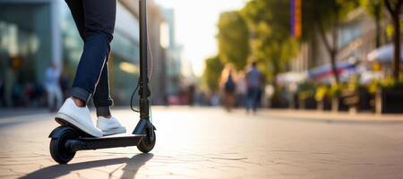 ai generato elettrico scooter in giro il città verde trasporto generativo ai foto