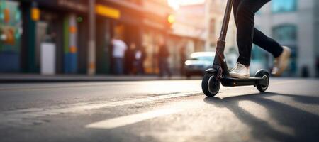 ai generato elettrico scooter in giro il città verde trasporto generativo ai foto