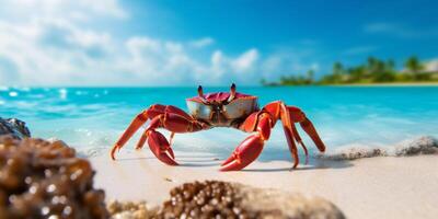 ai generato rosso Granchio su il riva del mare generativo ai foto