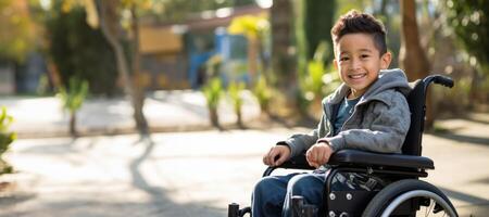 ai generato bambino ragazzo nel un' sedia a rotelle generativo ai foto