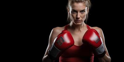 ai generato donna nel boxe guanti su nero sfondo generativo ai foto