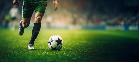 ai generato calcio giocatore palleggi il palla su il calcio campo generativo ai foto