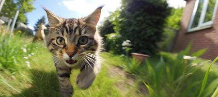 ai generato viso di un' gatto in esecuzione giù il strada avvicinamento generativo ai foto