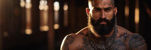 ai generato atletico tatuato uomo con barba generativo ai foto