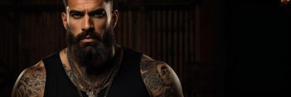 ai generato atletico tatuato uomo con barba generativo ai foto