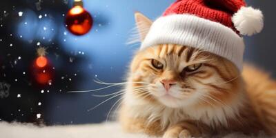 ai generato gatto con Santa Claus cappello su nuovo anni sfondo generativo ai foto