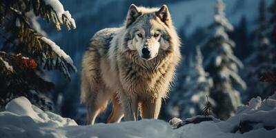 ai generato lupo nel il inverno foresta generativo ai foto