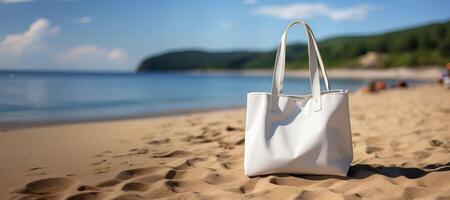 ai generato cotone Borsa su il spiaggia modello generativo ai foto