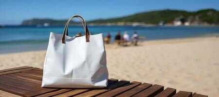 ai generato cotone Borsa su il spiaggia modello generativo ai foto