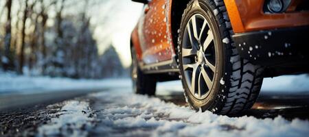 ai generato auto ruote su un' inverno strada avvicinamento generativo ai foto