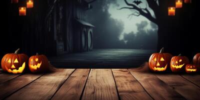 ai generato vuoto di legno tavolo con zucche su Halloween sfondo generativo ai foto
