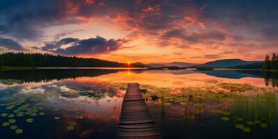 ai generato di legno molo su il lago a tramonto generativo ai foto