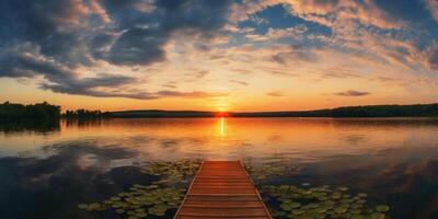 ai generato di legno molo su il lago a tramonto generativo ai foto