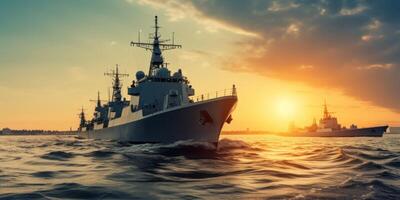 ai generato nave da guerra a tramonto nel il oceano generativo ai foto